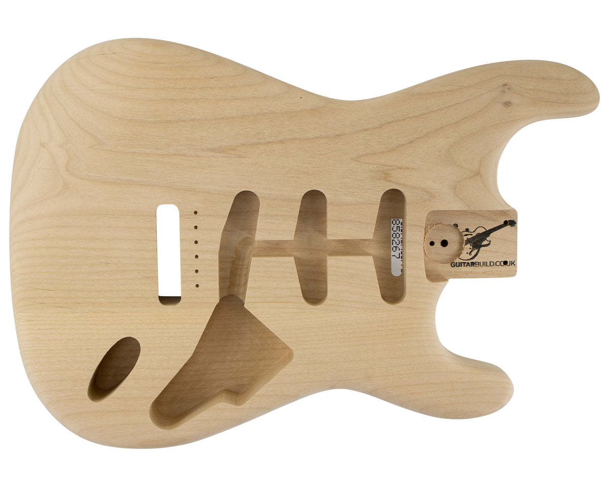 Front of unfinished alder SC body 858267 with three single-coil pickup routs