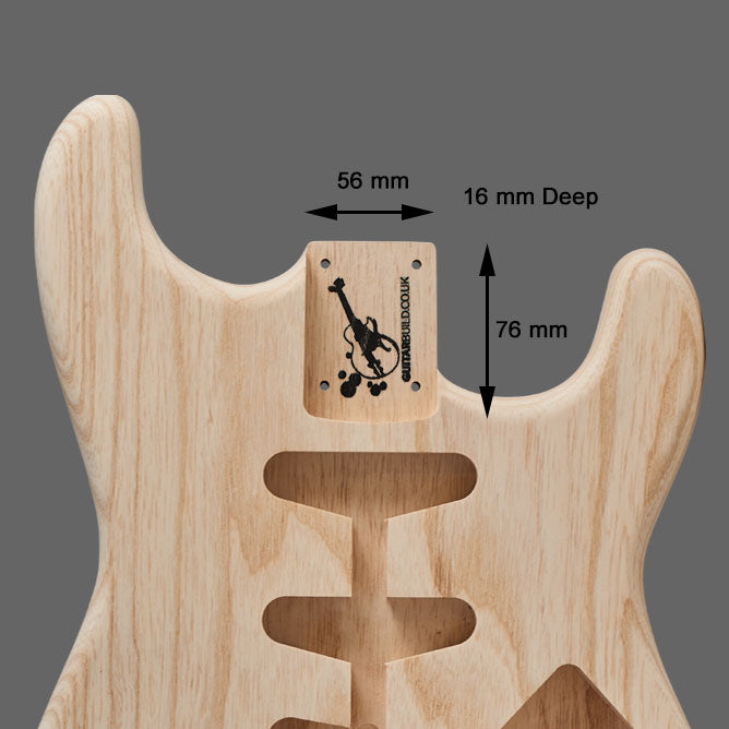Guitarbuild SC neck pocket diagram showing 56 mm width, 76 mm length and 16 mm depth
