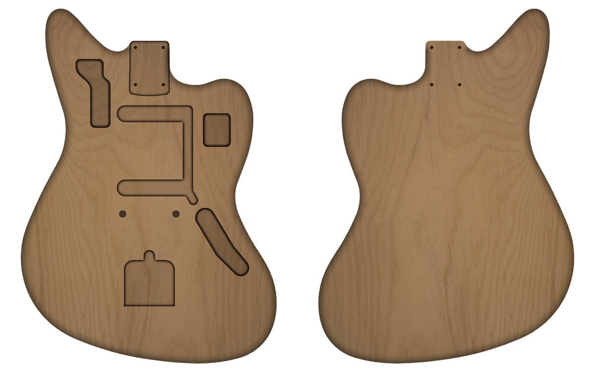 JG customisable alder guitar body, front and back views with default pickup, control and tremolo routs