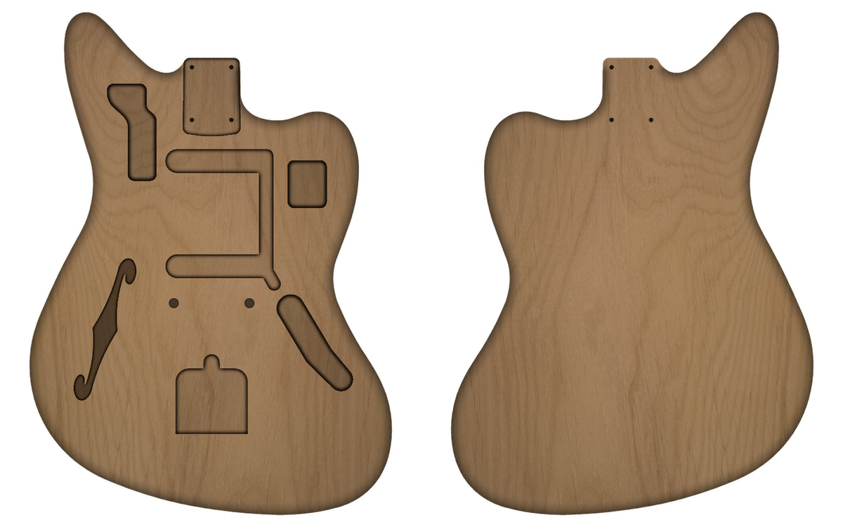 JG customisable Thinline guitar body in alder, front and back views with F-hole and default pickup, control and tremolo routs.
