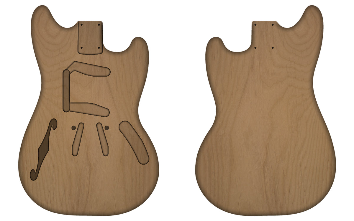MS customisable Thinline guitar body in alder, front and back views with F-hole and default pickup, control and tremolo routs.